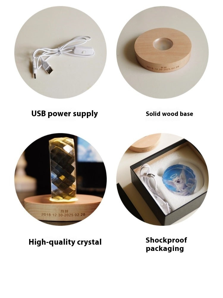 Custom Pet Memorial Crystal Light – Angel-Inspired LED Keepsake with Photo and Engraved Base