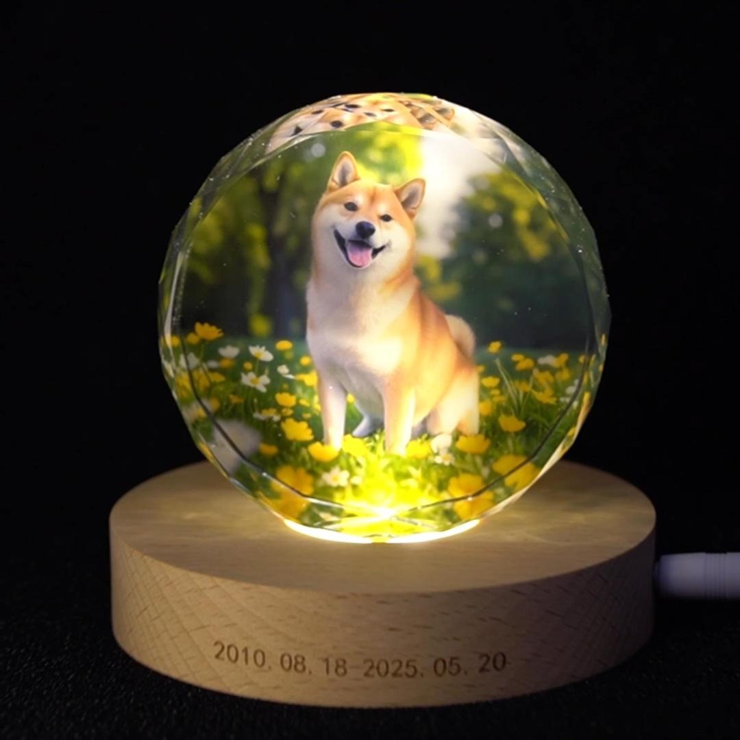 Custom Pet Memorial Crystal Light – Angel-Inspired LED Keepsake with Photo and Engraved Base