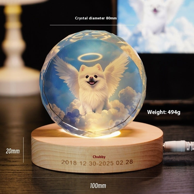 Custom Pet Memorial Crystal Light – Angel-Inspired LED Keepsake with Photo and Engraved Base
