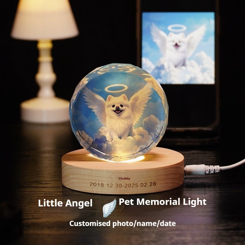 Custom Pet Memorial Crystal Light – Angel-Inspired LED Keepsake with Photo and Engraved Base
