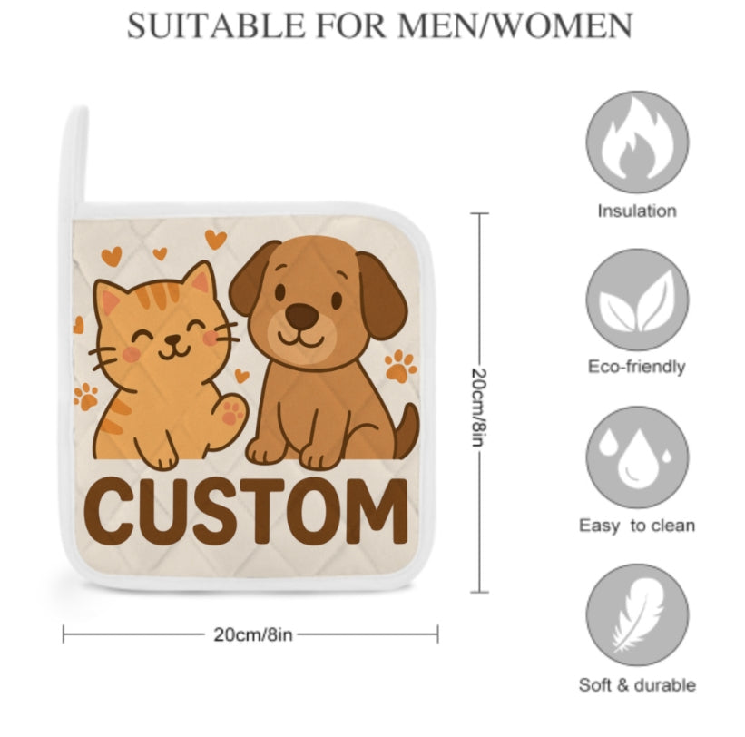 Custom Pet Pot Holders – 1 Pair of Insulated Heat Pads, Personalised with Your Pet’s Face, Perfect Gift for Dog & Cat Lovers
