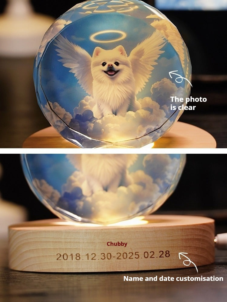 Custom Pet Memorial Crystal Light – Angel-Inspired LED Keepsake with Photo and Engraved Base