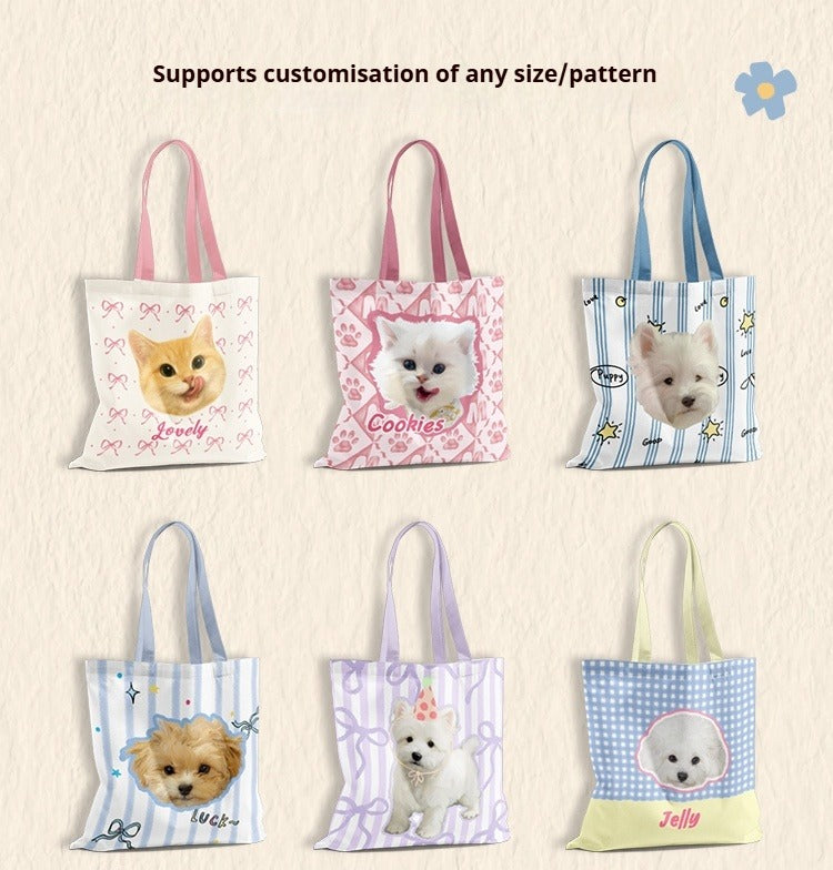 Personalised Pet Canvas Tote – Adorable Cat or Dog Face Print with Name, Customisable Gift Bag for Animal Lovers & Everyday Use