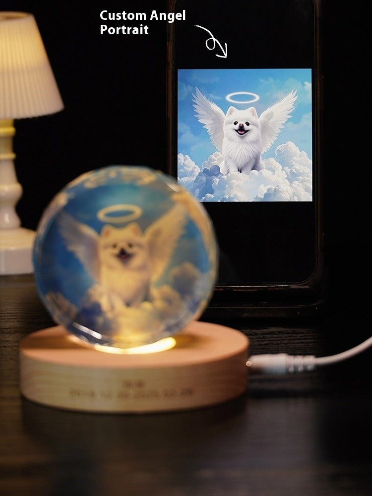 Custom Pet Memorial Crystal Light – Angel-Inspired LED Keepsake with Photo and Engraved Base