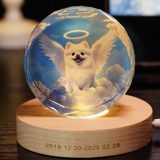 Custom Pet Memorial Crystal Light – Angel-Inspired LED Keepsake with Photo and Engraved Base