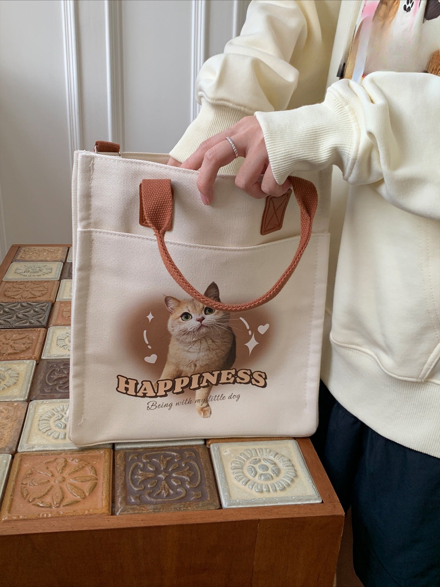 Custom Pet Canvas Tote Bag – Personalised Square Shoulder & Handbag with Cat or Dog Photo | Large Capacity Multi-Purpose Gift for Pet Lovers