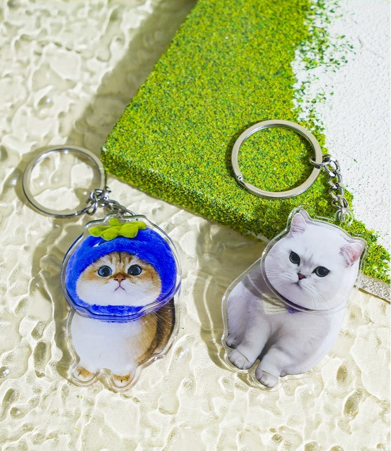 Two cat-themed keychains on a textured surface with a green sponge.