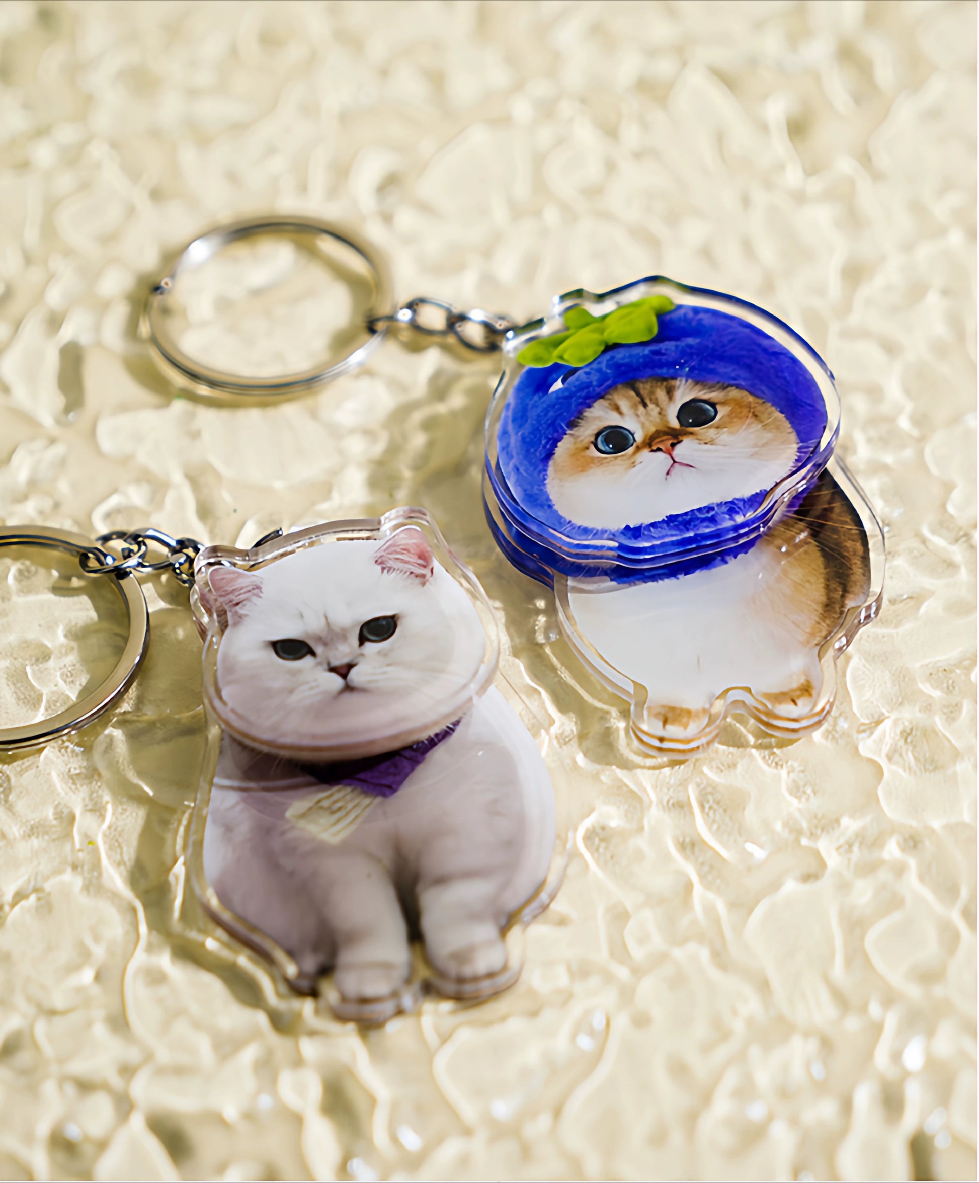 Two cat-themed keychains on a textured beige background