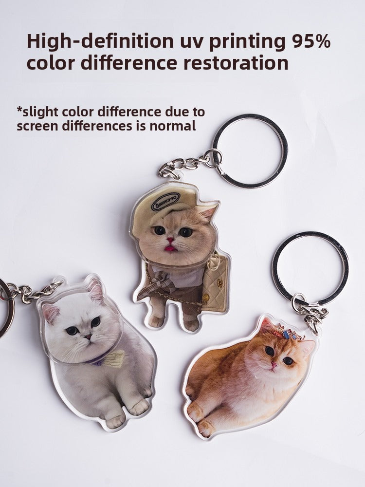 Cat-themed keychains with high-definition uv printing on a white background