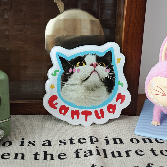 Sticker with a cat face and 'Cantus' text on a textured surface