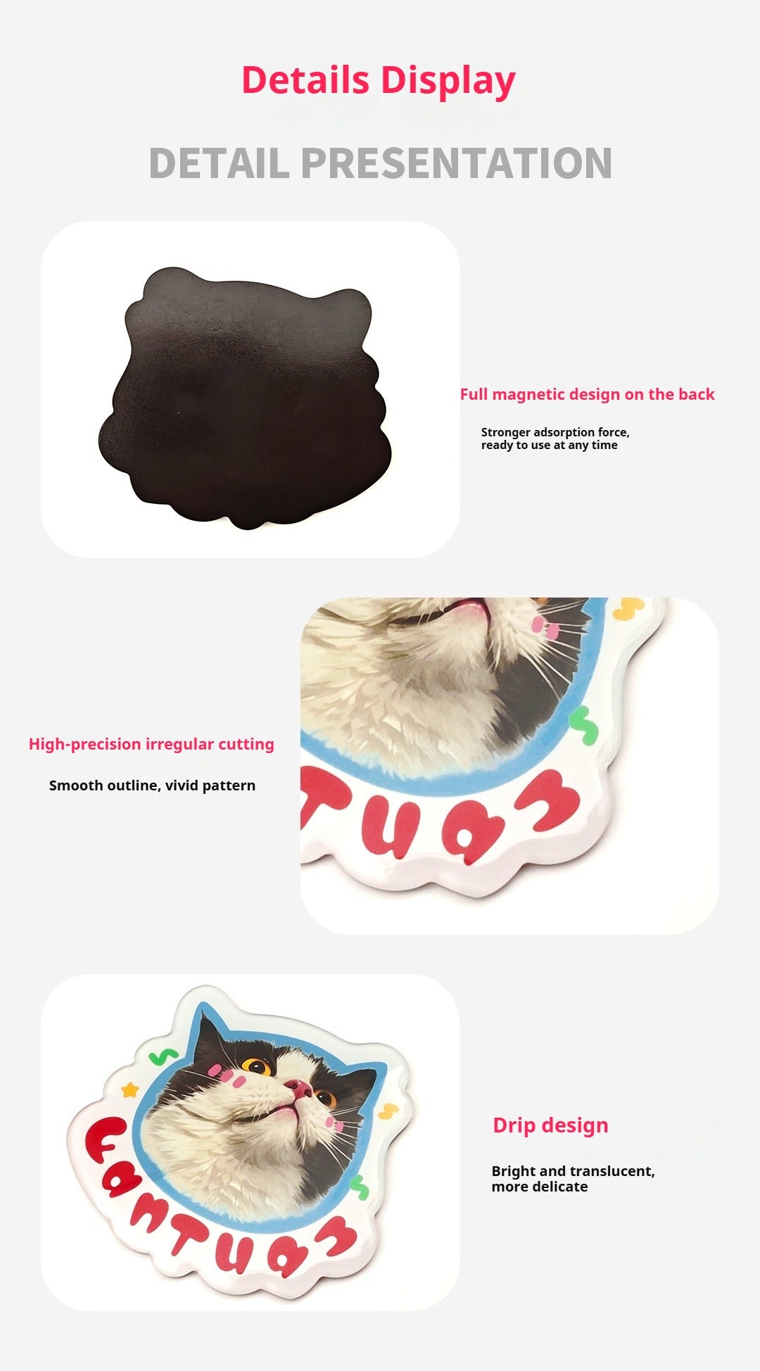 Product details display with cat-themed stickers on a white background