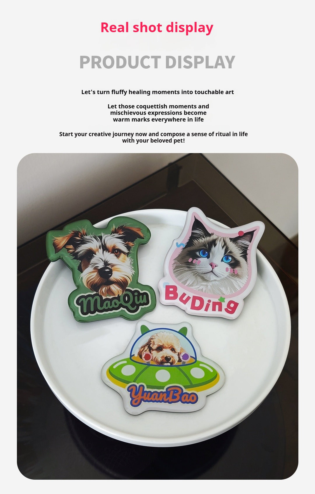 Three pet-themed coasters on a white plate with text about customizable art.