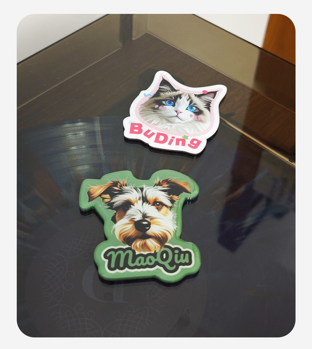 Two pet-themed coasters on a reflective surface