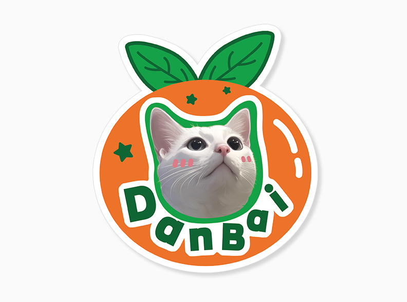 Sticker with a cat's face and 'Danbai' text on an orange background