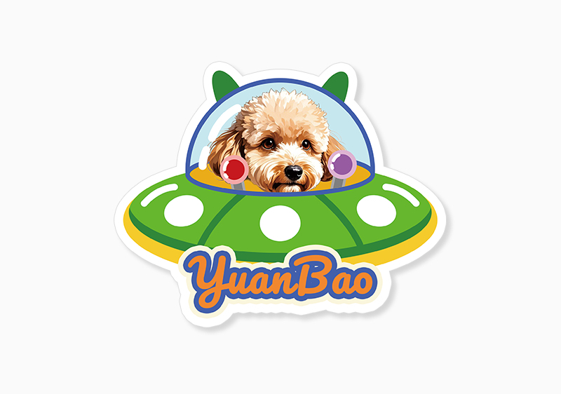 Sticker with a dog inside an alien spaceship labeled 'YuanBao' on a white background
