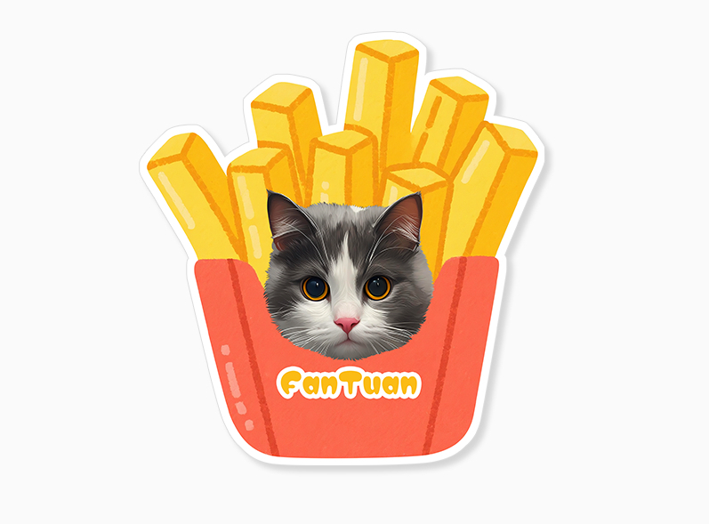 Cat with a face inside a container of fries labeled 'FanTuan' on a white background