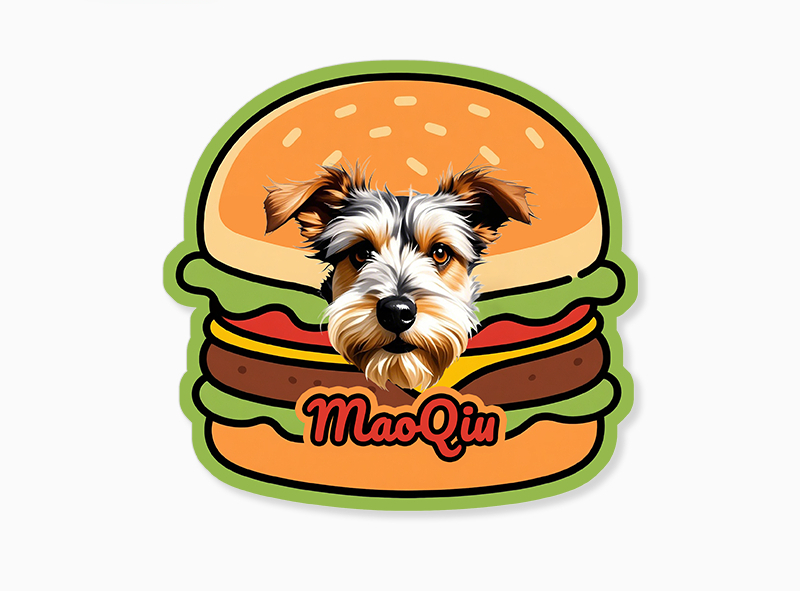 Dog sticker with a dog's face inside a hamburger graphic, featuring the name 'MaoQiu'.