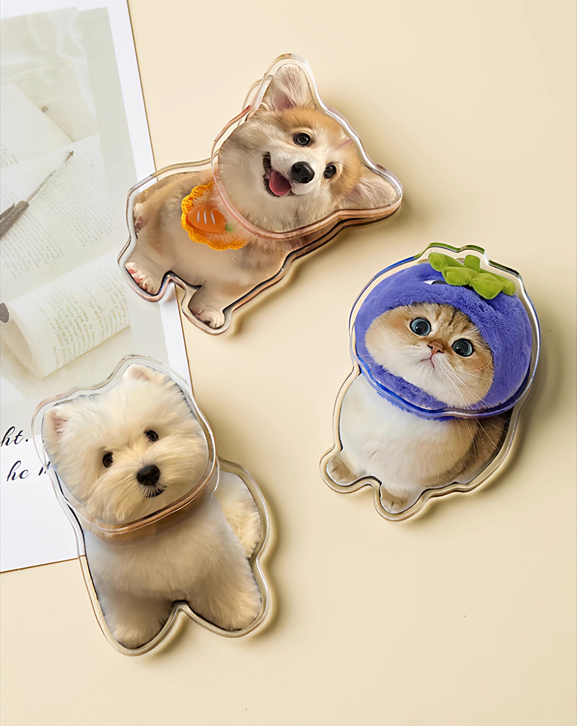 Three dog-shaped coasters with different breeds on a light background