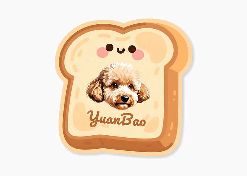 Toast-shaped card with a dog illustration and 'YuanBao' text on a white background