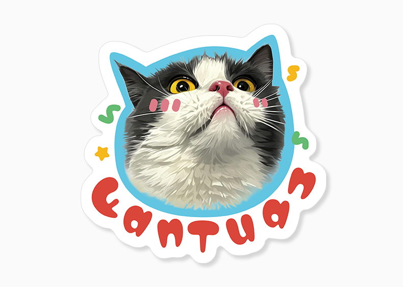 Sticker with a cat's face and the name 'EONTUAN' on a white background