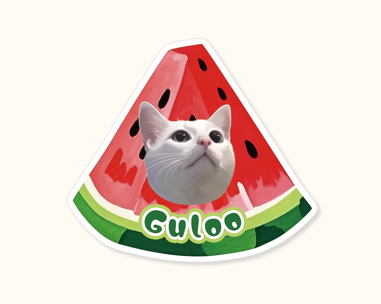 Watermelon-shaped sticker with a cat's face and 'Guloo' branding on a white background