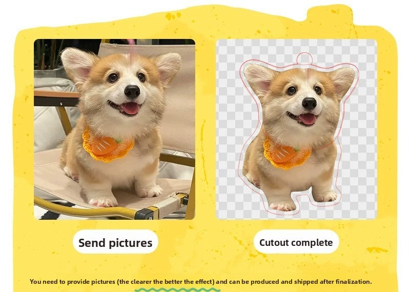 Dog cutout with a yellow border and 'Send pictures' and 'Cutout complete' text on a yellow background.