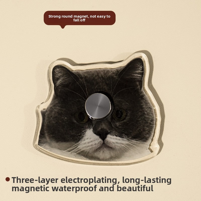 Cat-shaped magnet with a round metal piece on a beige background