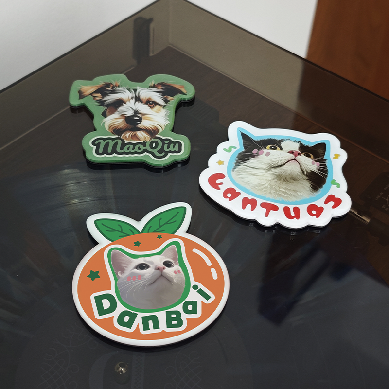 Three cat-themed coasters with different designs on a reflective surface.
