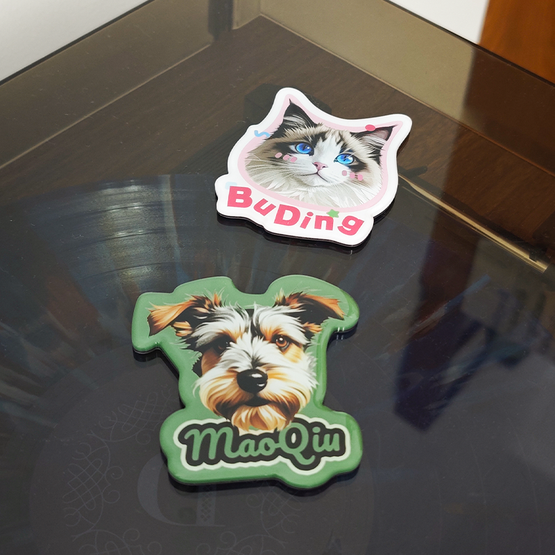 Two pet-themed coasters on a reflective surface, one with a cat and the other with a dog.