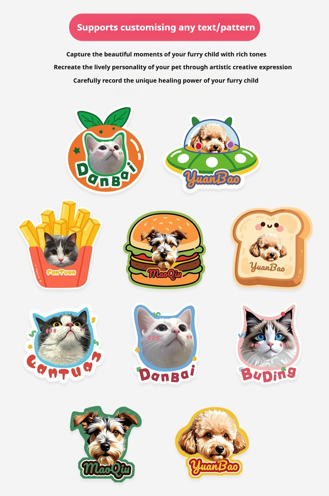 Collection of pet-themed stickers with various animals and text on a white background